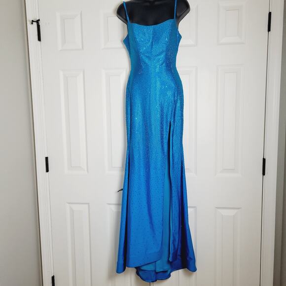 Sherri Hill Dress 00 Blue Prom Sequined Maxi High Slit Cut Out Lace Up Back - Picture 3 of 15
